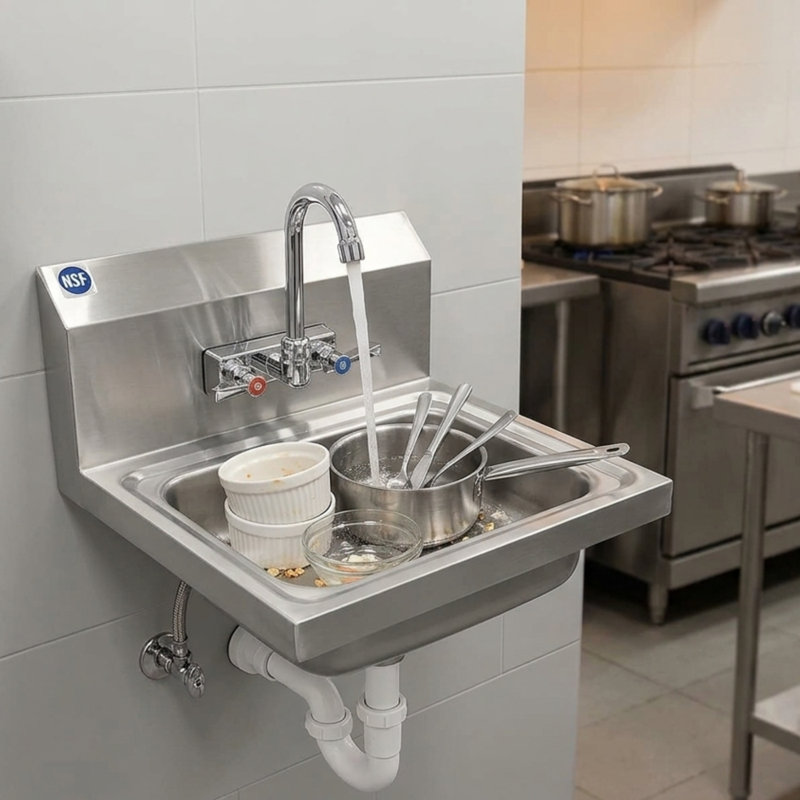 Express KitchQuip 12" L x 12" W Commercial Wall-Mounted Hand washing Sink with single bowl Gooseneck Faucet and backSplashe