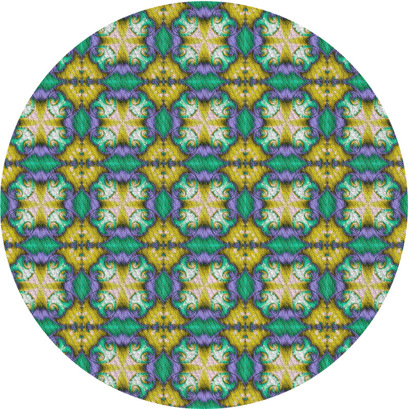 Tapis turquoise/jaune à motifs, Rond 5 pi