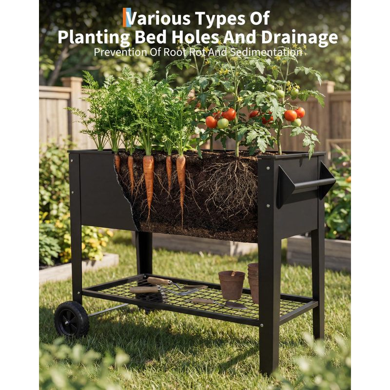 39" Rolling Steel Raised Garden Bed with Shelf, Lockable Wheels, 400 LBS Capacity Planter for Patio, Balcony & Backyard, Black