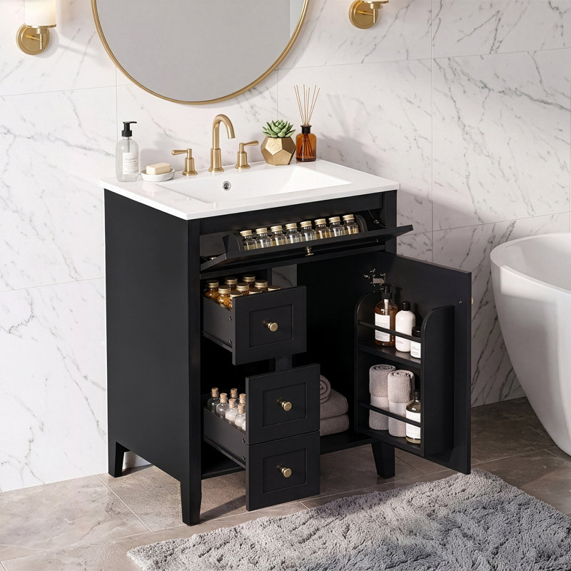 Meuble-lavabo moderne avec lavabo en céramique, poignées en métal, porte à fermeture en douceur, support de rangement, finition de surface peinte