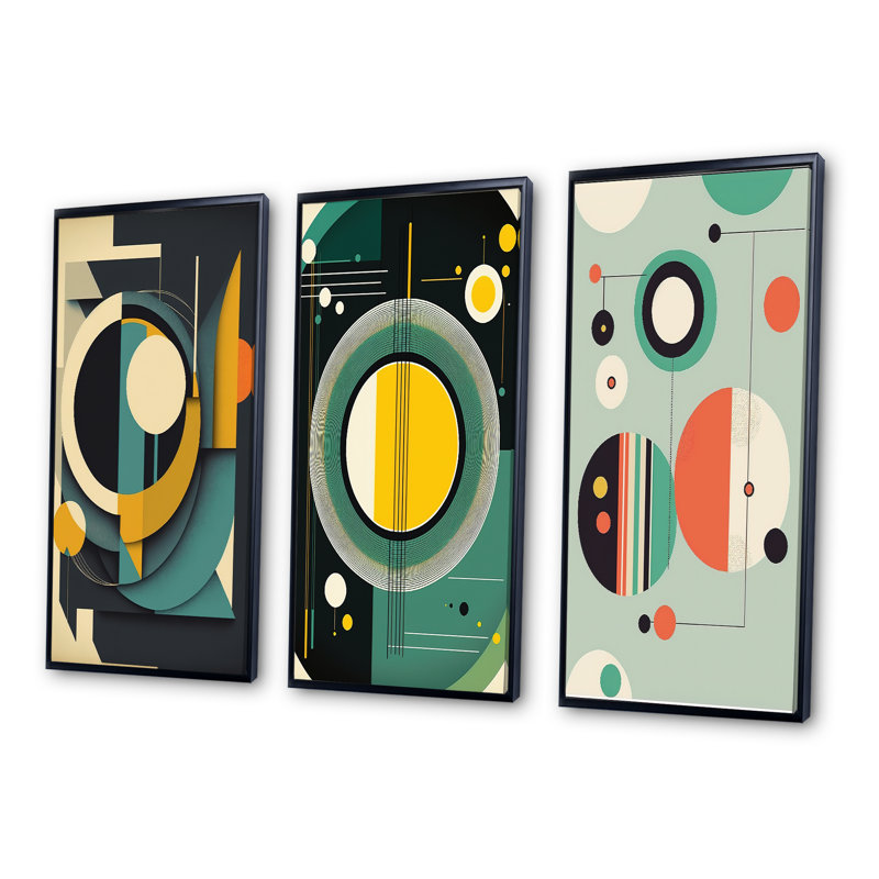 «Mid-century Retro Dimensions», 3 pièces sur toile, H 20 po x l 36 po, Noir