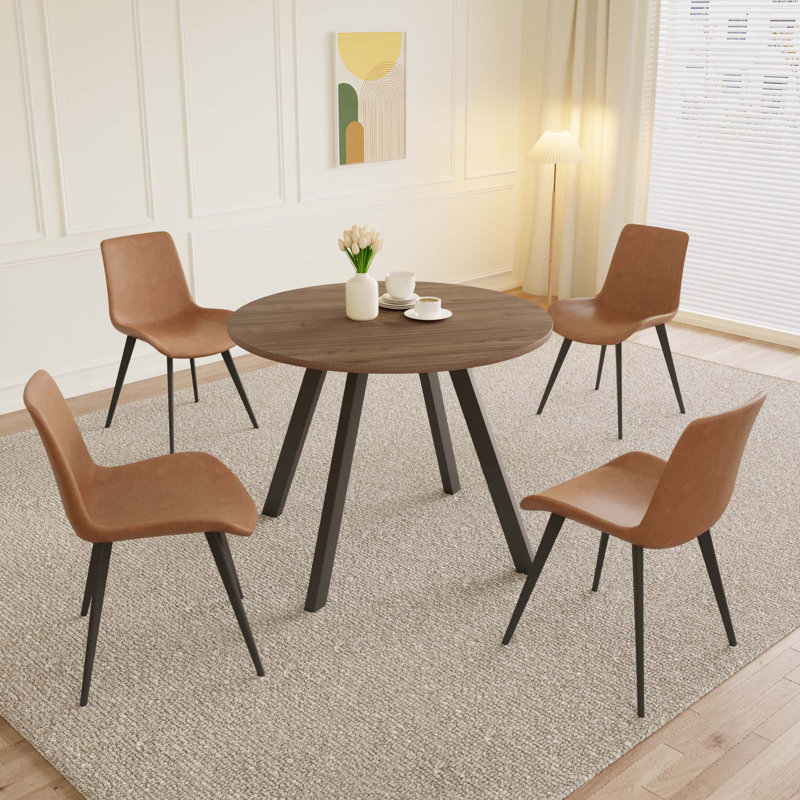 Courtenay Round Dining Table Set, Brown, Tan, 5 Pieces: Table, 4 Chairs 