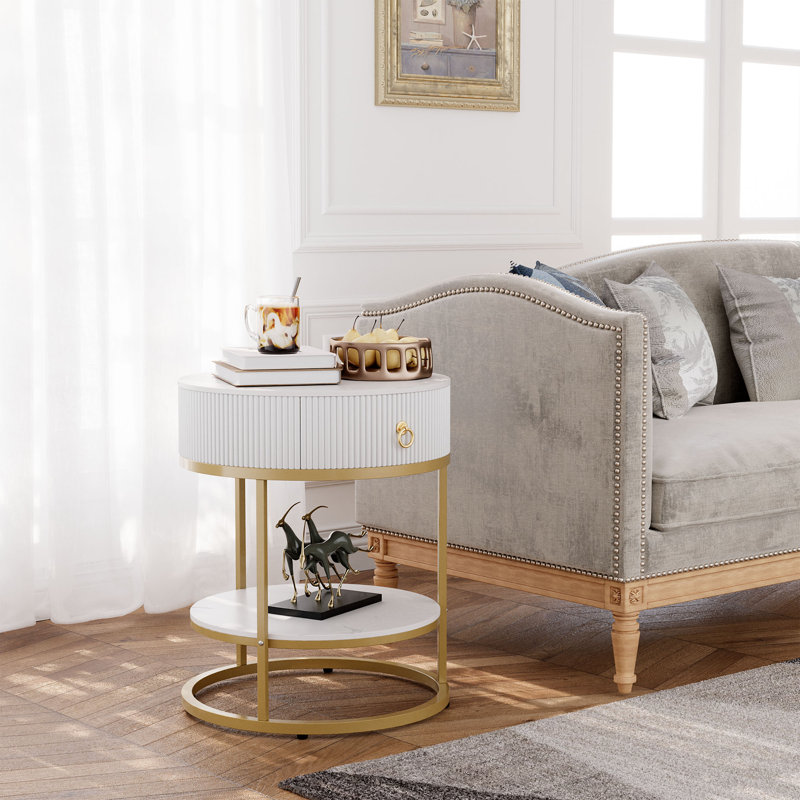  Round Side Table with Storage Drawer & Open Shelf, White, Gold
