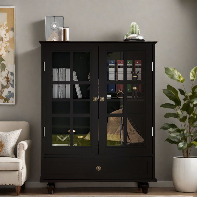 Sideboard With Double Glass Doors And Drawer, Black