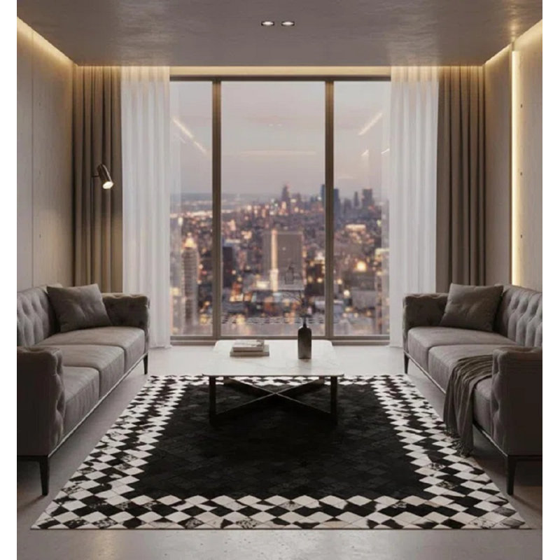 Tapis noir en peau de vache, tapis à bordure à carreaux, tapis en patchwork noir et blanc, Rectangle 9 pi 6 po x 13 pi 6 po