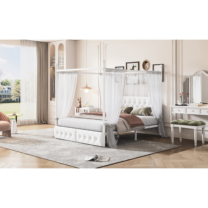 Grand lit plateforme à baldaquin en métal avec tête de lit tapissier et deux poches de rangement, blanc élégant pour 2 tiroirs