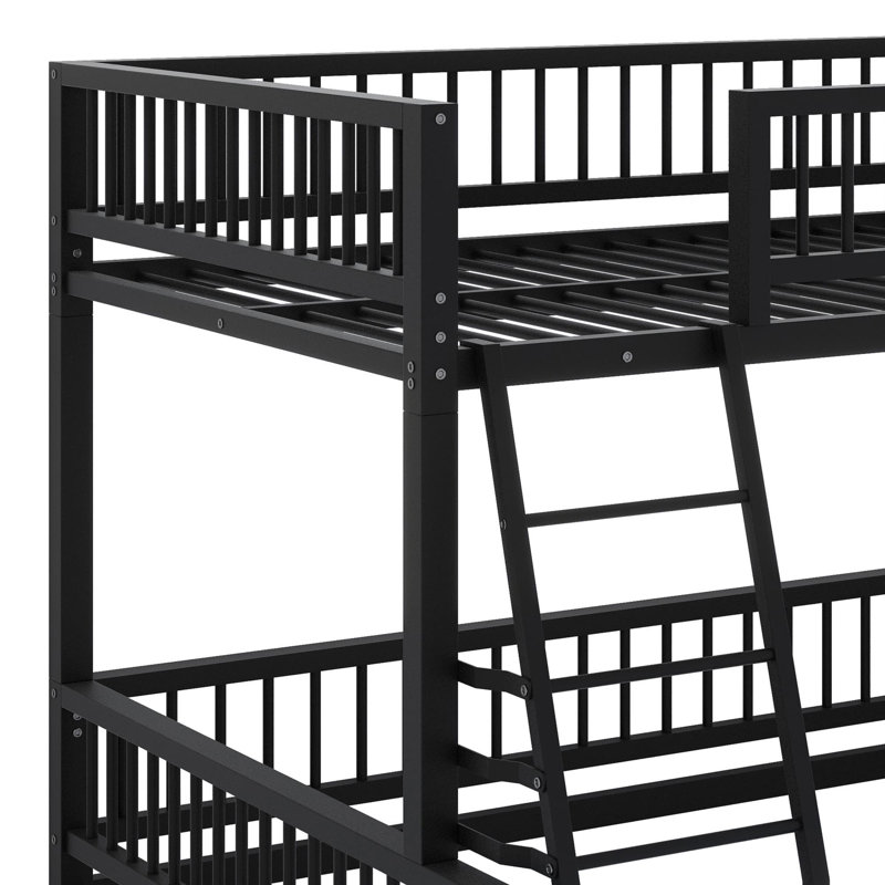 Floor Bunk Bed Frame With Ladder And Safety Guardrails, Black