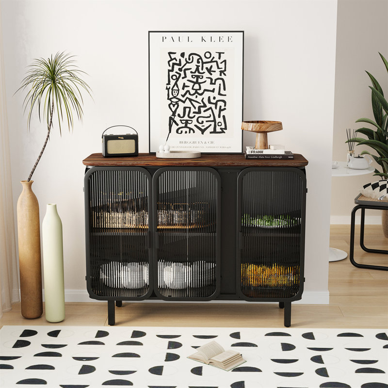 Buffet Lindo avec portes en verre et rangement à 2 niveaux, console avec 3 portes, armoire d'appoint