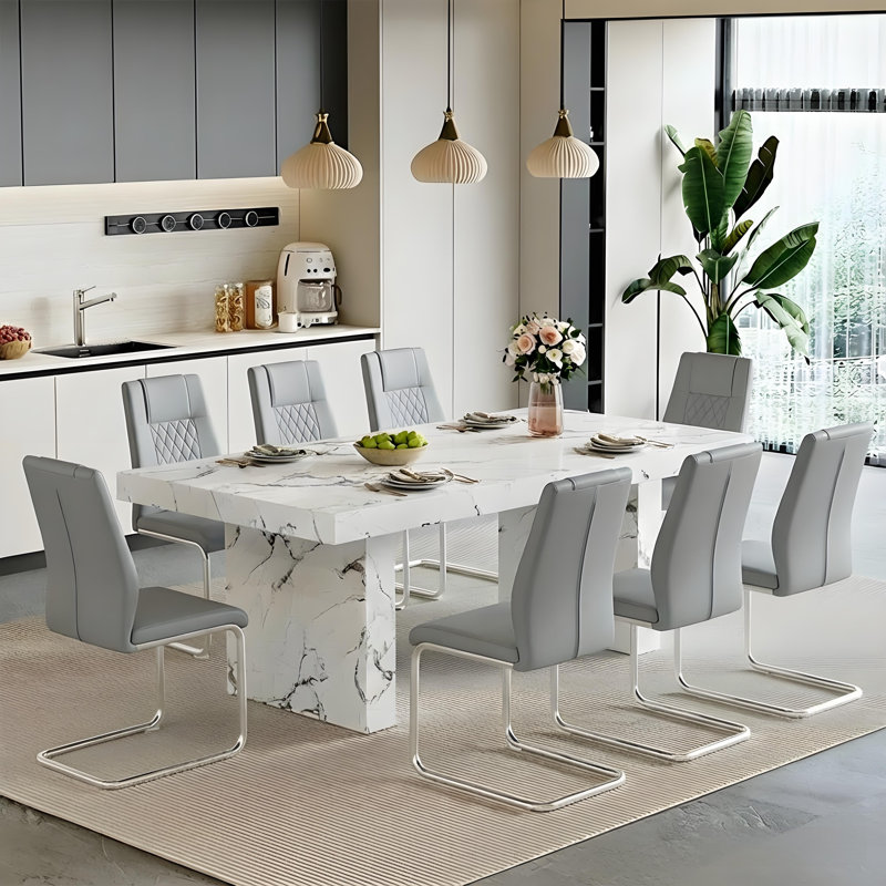 Ensemble de table de salle à manger 9 pièces, ensemble de table à manger en marbre 79 po pour 8 personnes, Gris clair