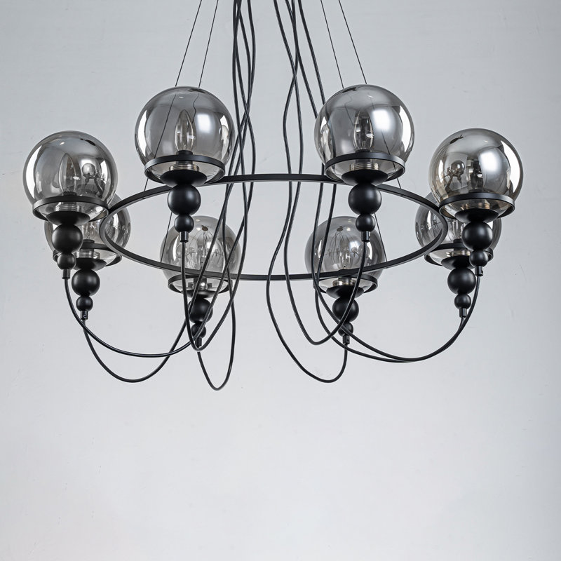 Lustre linéaire à 8 lumières avec globes en verre fumé - Éclairage d'îlot de cuisine en métal noir industriel 33,5 po, hauteur réglable 18,9 po -85,8 po, homologué ETL et UL
