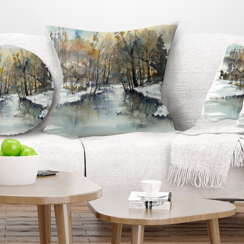 Coussin aquarelle Schafer Landscape River in Woods, 16 po x 1 po, Coussin décoratif