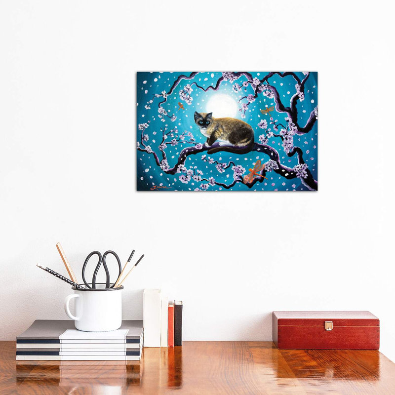 Snowshoe Cat And Dragonfly In Sakura by Laura Iverson - Wrapped Canvas Painting, 30.48 cm H x 45.72 cm W