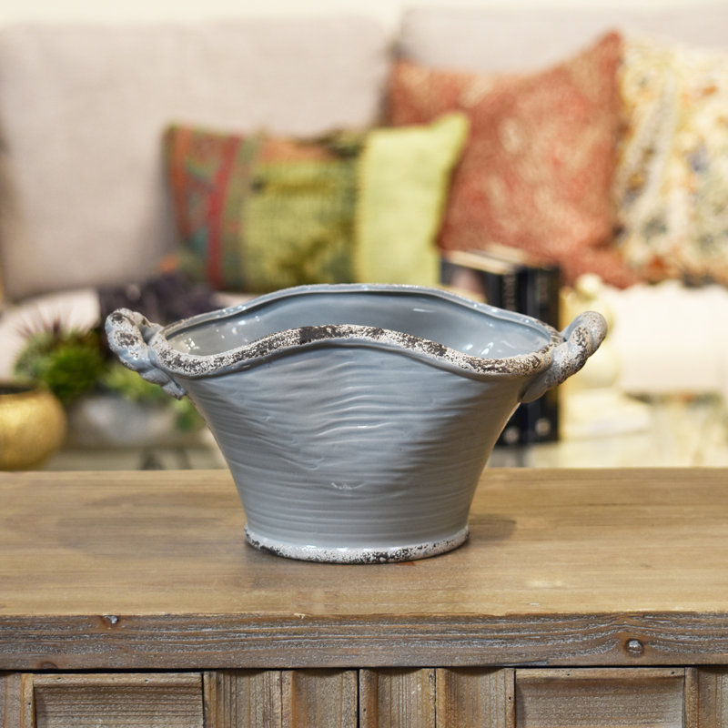 Pot à fleurs en céramique Lesko, Gris brillant vieilli, H 6 po x l 13 po x P 8 po