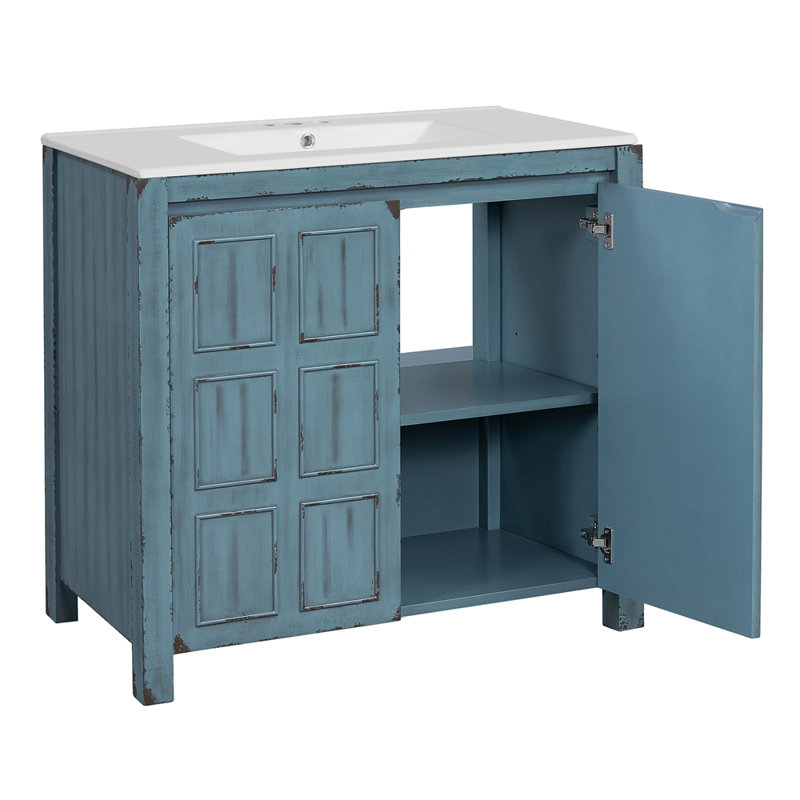 36 " Bathroom Vanity Organizer with Ceramic Sink, Retro Blue