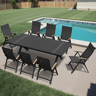8-Person Aluminum Outdoor Dining Set With Folded Reclining Chairs And Umbrella Hole