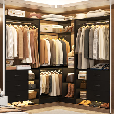 61'' - 92.6''  W Closet System with Wooden Drawers and Hanging Rods