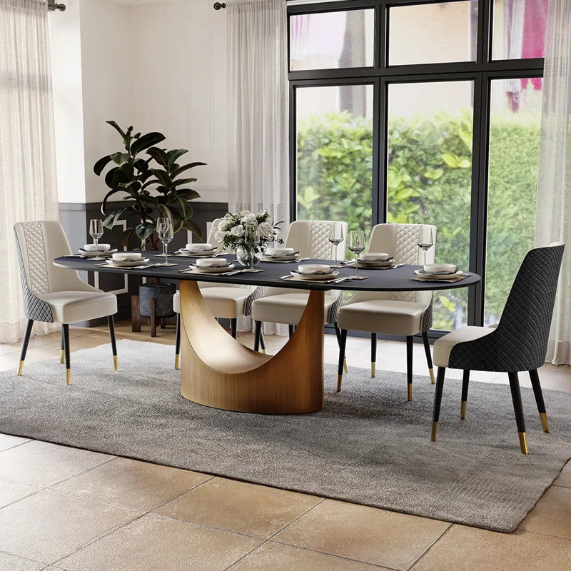 Modern Minimalist Oval Dining Table With Sintered Stone Tabletop, Pedestal Base Dining Table, 30.31" H x 78.74" W x 39.35" D