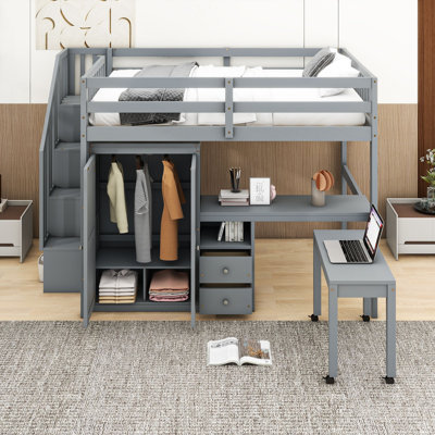 Loft Bed Featuring Integrated Staircase, Bookshelf, Drawers, Workspace Desk, And Wardrobe – All-In-One Solution