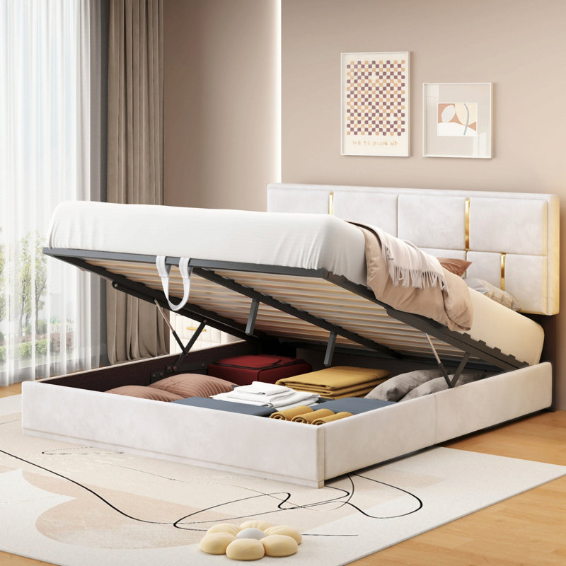 Grand lit plateforme tapissier avec système de rangement hydraulique, Beige