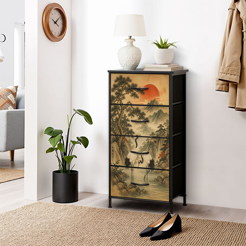 Commode 4 tiroirs pour chambre à coucher, commode étroite, plateau en bois et structure de bureau en fer 18 po x 37,5 po (lxH) - avec grues, paysage serein, pin rouge