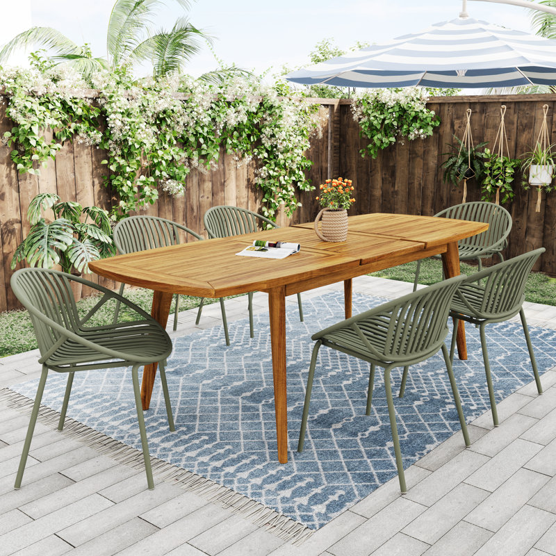  Ensemble de salle à manger d'extérieur extensible 7 pièces, table empilable en bois d'acacia, teck vert, Vert