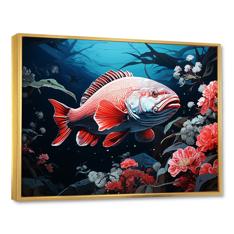 Danse du poisson rouge monochrome sur toile, Cadre flottant doré, H 30 po x l 40 po x P 1,5 po