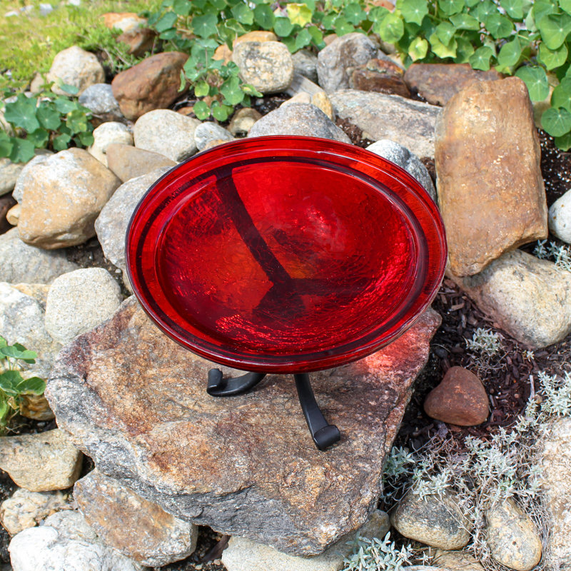 Bain d'oiseaux craquelé 12 po avec trépied, Rouge