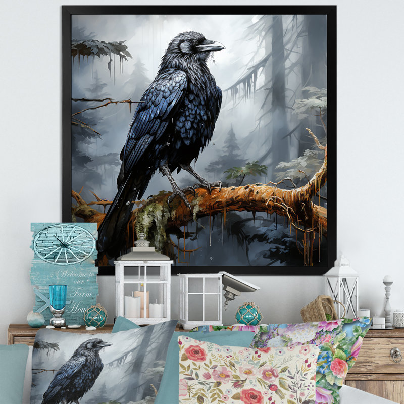 «Black Raven Forest Guardian II» - art mural animal corbeau, H 30 po x l 30 po x P 1,5 po, Cadre simple noir