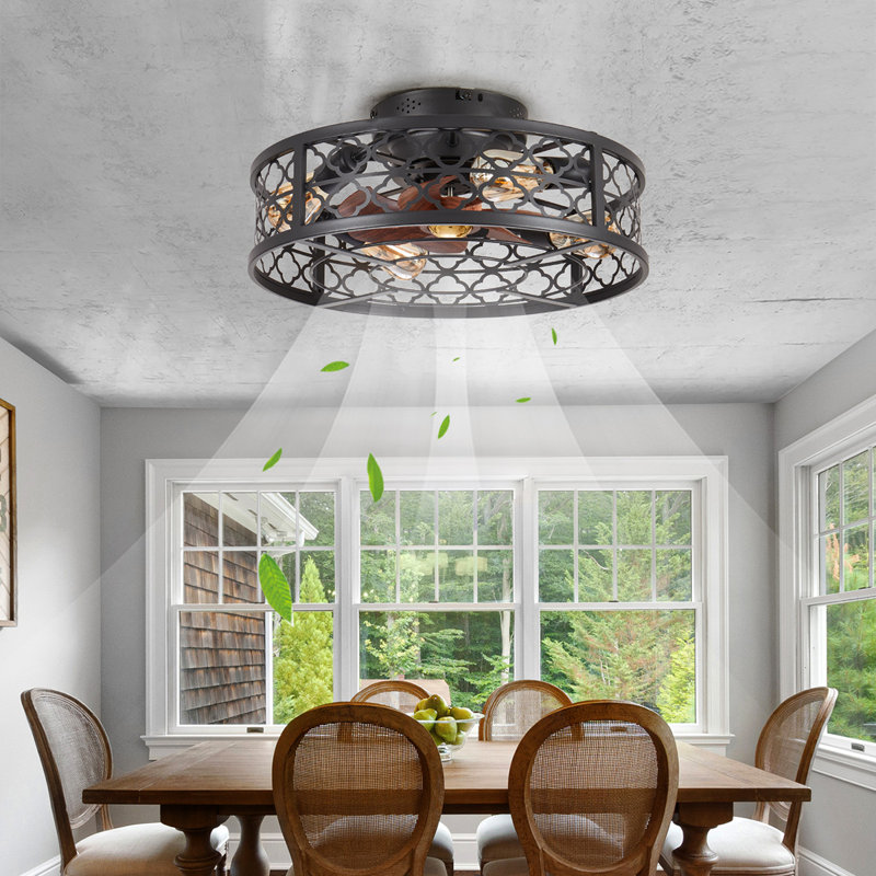 Black Cage Ceiling Fan with Light Kit- 19.6'' Farmhouse Flush Mount Ceiling Fan Remote Control,Small Low Profile Bladeless Ceiling Fan Light Fixture For Bedroom, Kitchen, Dining Room