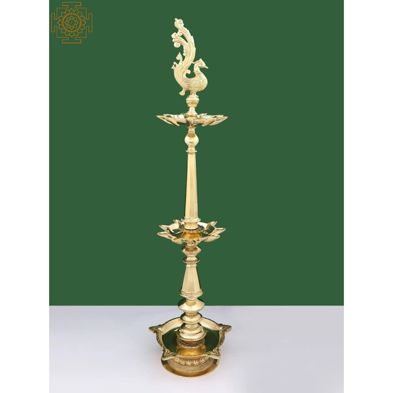 Lampe sur pied en laiton paon de 38 pouces fabriquée à la main, Nachiarkoil Diya indien traditionnel pour le hall d'entrée et le salon