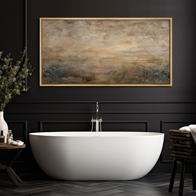 Horizon Atmospheric Landscape with Earthy Tones - Large Framed Canvas Master Bedroom Wall Art Print, Natural