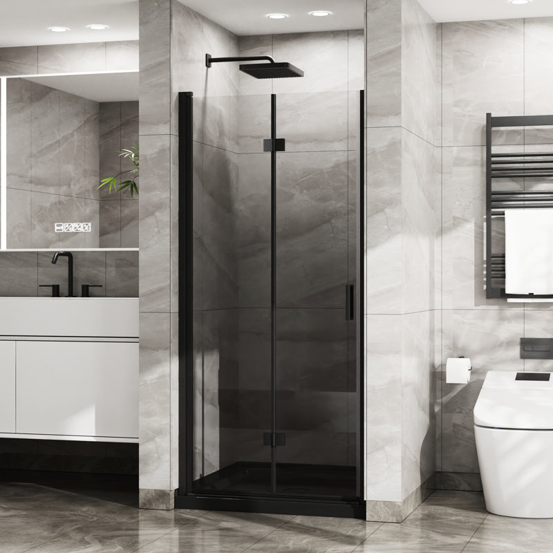 Porte de douche en verre 72 po x 34 po - Pivot noir trempé pivotant 1/4 po d'épaisseur et pliable avec bandes d'étanchéité de 72 po de hauteur