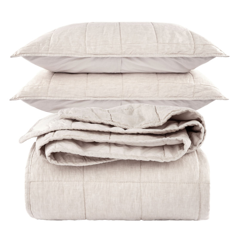 French Linen Box Stitch Quilt & Sham Set, Putty Heather, King Quilt + 2 King Pillow Shams