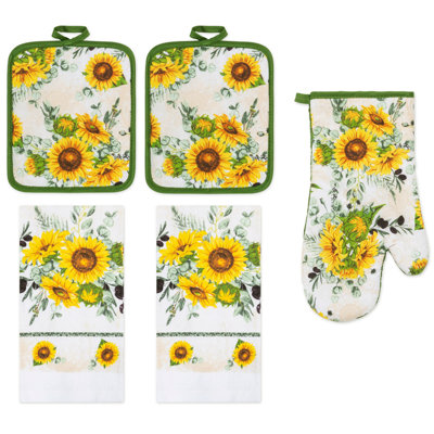 PREMIUS 5 Piece Printed Kitchen Linen Set, Sunflower, 2 Cotton Towels, 2 Pot Holders, 1 Oven Mitt