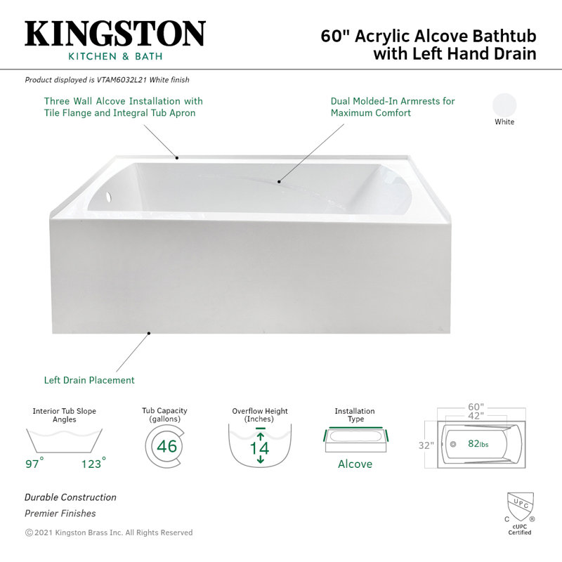 Kingston Brass Aqua Eden 60-Inch Acrylic Rectangular 3-Wall Alcove Tub with Armrests, Left