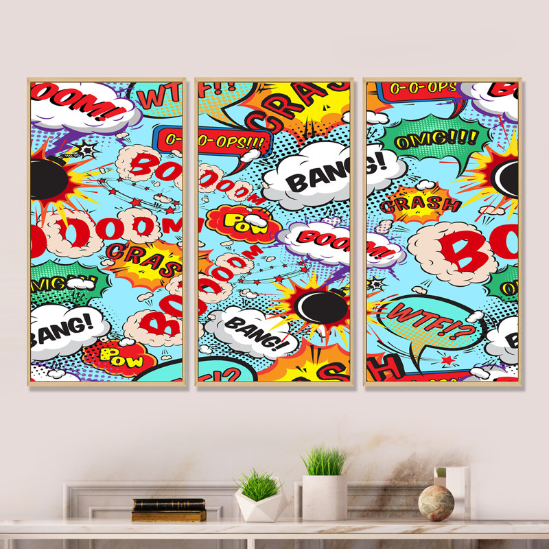 Comic Bang and Boom - ensemble d'art mural moderne sur toile encadrée 3 pièces, H 32 po x l 48 po x P 1 po, Brun