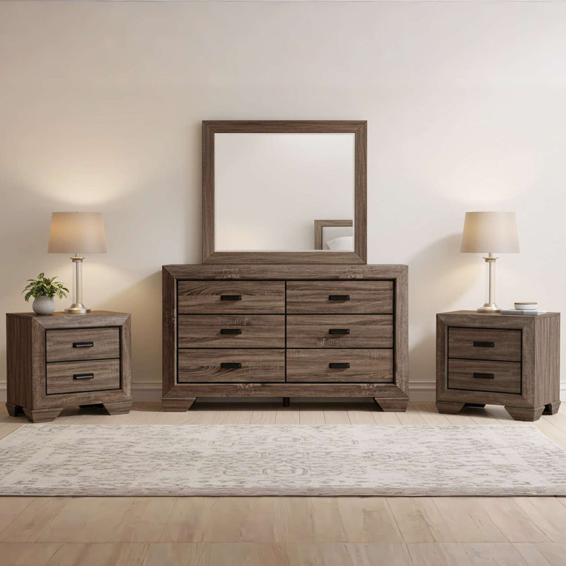 Ensemble de rangement pour chambre à coucher 4 pièces avec commode brune patinée, miroir et deux tables de chevet