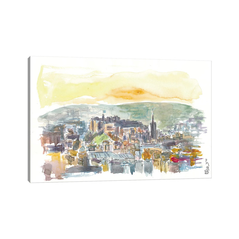 Edinburgh Scotland Street Scene With Castle At Sunset by Markus & Martina Bleichner - Wrapped Canvas Print