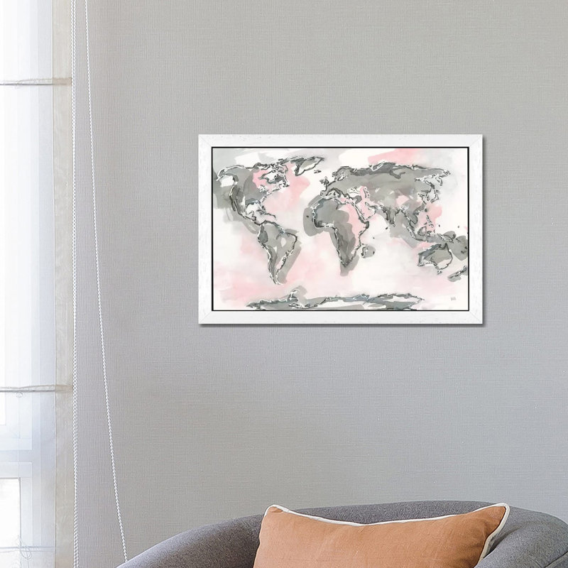World Map Blush by Chris Paschke - Painting on Canvas, 152.5 cm H x 101.5 cm W, White Floater Framed