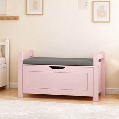 Kids Toy Box Chest for Boys Girls, Large Storage Cabinet with Cushion Seat Bench/ Flip-Top Lid/ Safety Hinge, Toy Storage Organizer Trunk for Nursery, Playroom (Pink)
