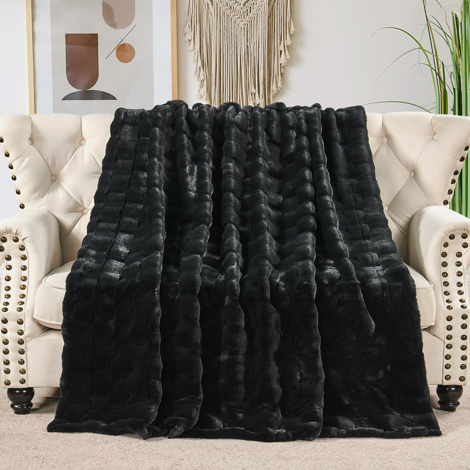 Biscoe Faux Fur Knitted Throw Blanket, Black, 50"W x 70"L