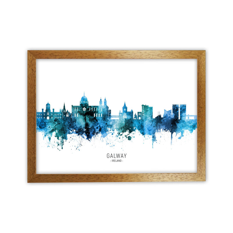 Galway Ireland Skyline Blue City Name by Michael Tompsett - Print, 25cm H x 34cm W x 3cm D, Oak Framed