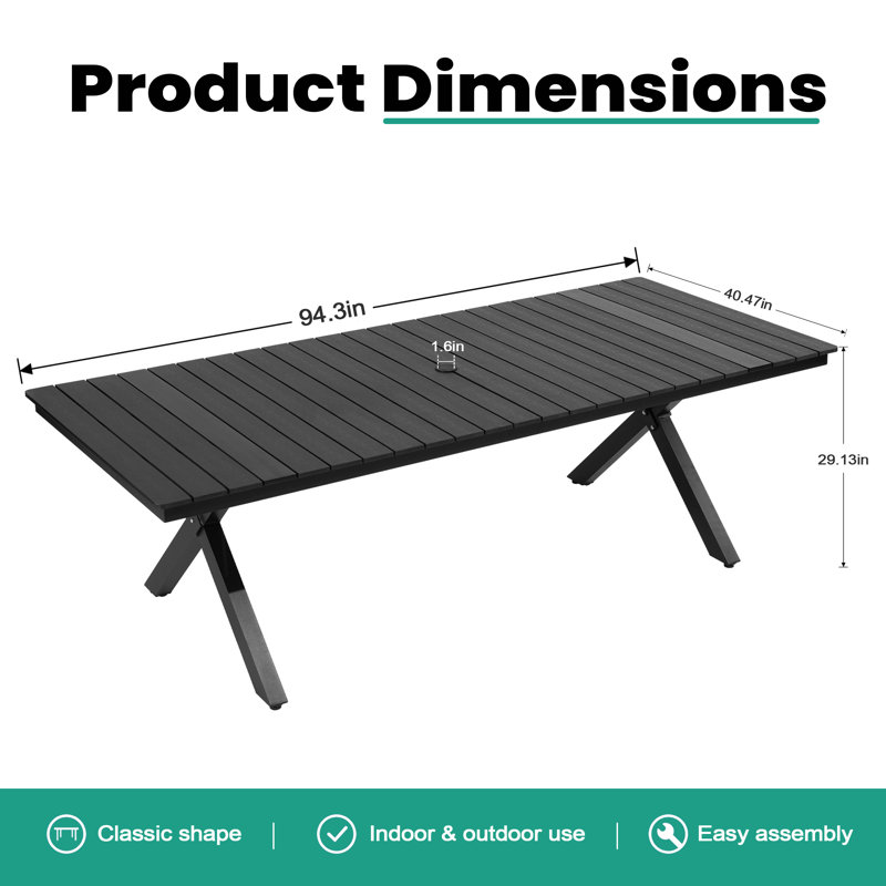 8-12 Person Plastic Desktop & Aluminum Frame Rectangular Outdoor Dining Table with Umbrella Hole, Black