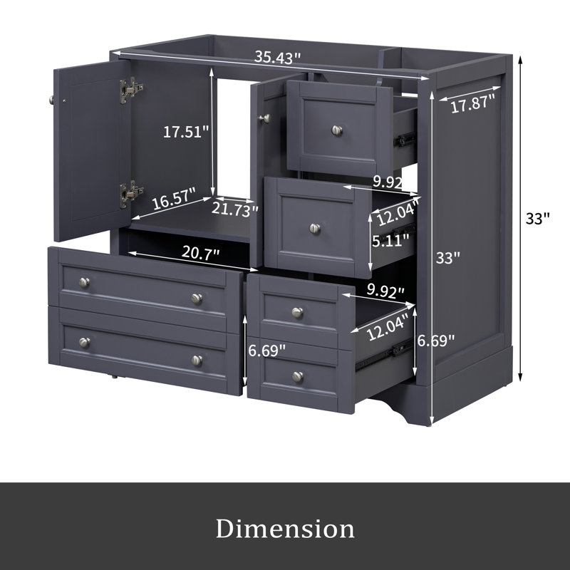 Meuble-lavabo 36 po sans lavabo, meuble-lavabo autoportant en bois massif avec 4 tiroirs de rangement et une tablette, portes à fermeture en douceur