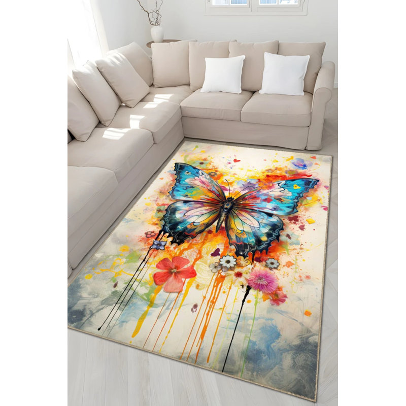 Creative Modern Decorative Carpet With Multicolored Abstract Butterfly Pattern, Rectangle 2'4" x 4'
