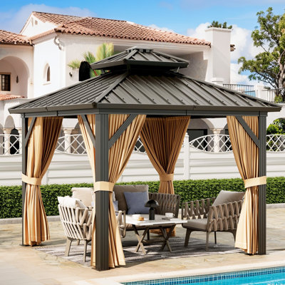 Outdoor Hardtop Gazebo, Galvanized Iron Double Vent Roof with Curtains & Netting, Aluminum Frame Pavilion for Patio, Lawn, Deck, Garden