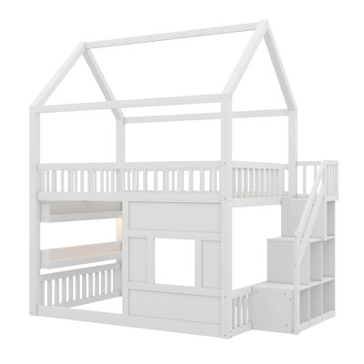 Full-Size Timber Loft Bed: Features Integrated Shelf Lighting, Open Storage Shelves, And A Playhouse Structure With Roof And Window
