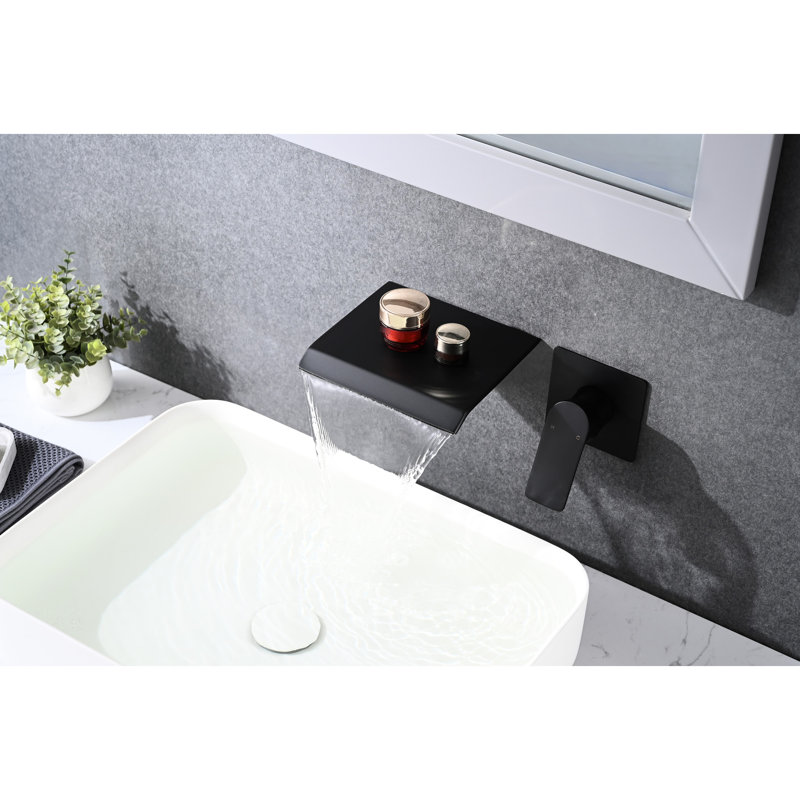 Robinet de lavabo de salle de bain moderne avec cascade - régulateur de débit d'eau mural en acier inoxydable noir mat
