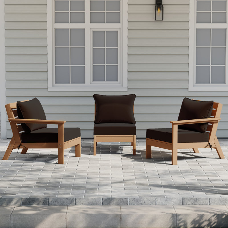Ensemble de conversation à assise profonde 3 pièces avec coussins, Brun, Teck