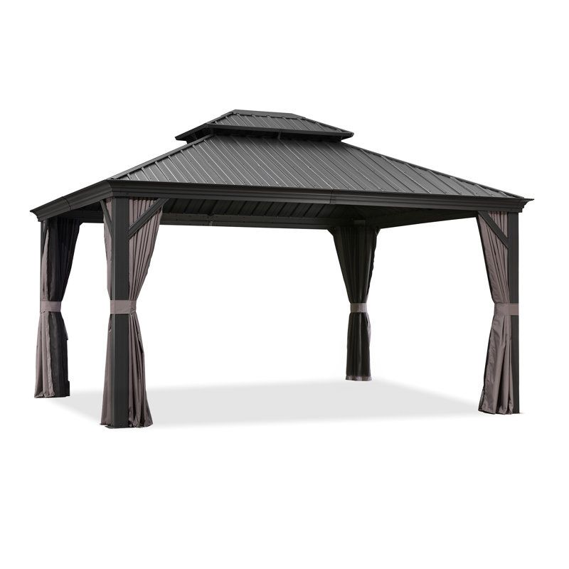 12' x 14' Gray Aluminum and Steel Hardtop Gazebo with Curtains